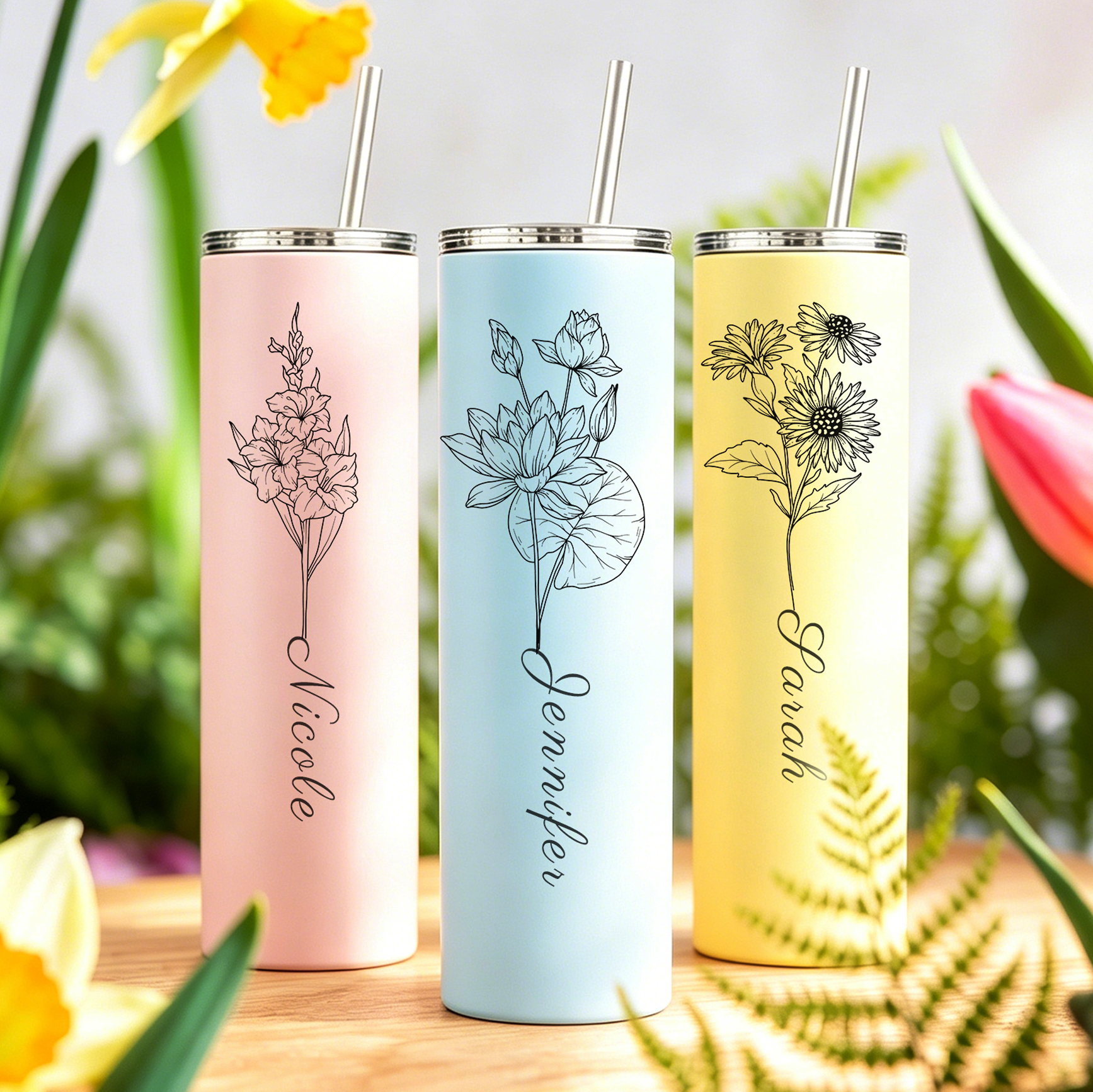 Personalized Tumblers with Birth Flower and Name